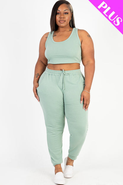 Plus Size French Terry Cropped Tank Top & Joggers Set (CAPELLA) - Capella Apparel