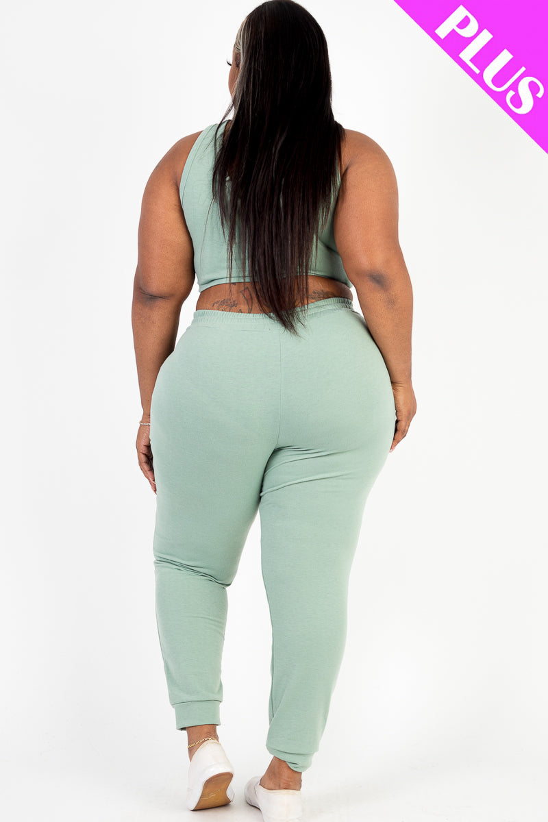 Plus Size French Terry Cropped Tank Top & Joggers Set - Capella Apparel