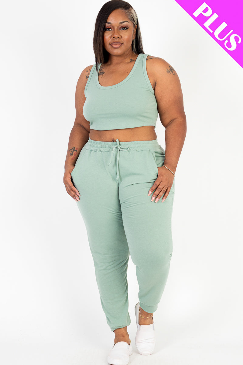 Plus Size French Terry Cropped Tank Top & Joggers Set - Capella Apparel