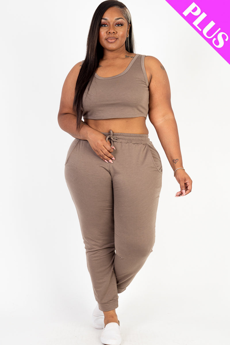 Plus Size French Terry Cropped Tank Top & Joggers Set - Capella Apparel