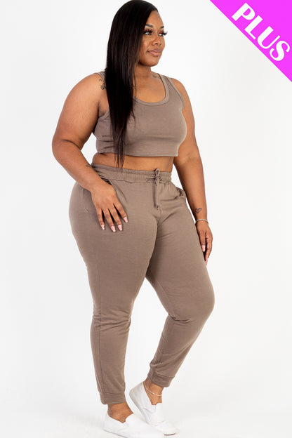 Plus Size French Terry Cropped Tank Top & Joggers Set - Capella Apparel