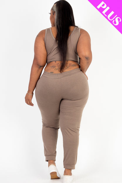 Plus Size French Terry Cropped Tank Top & Joggers Set - Capella Apparel