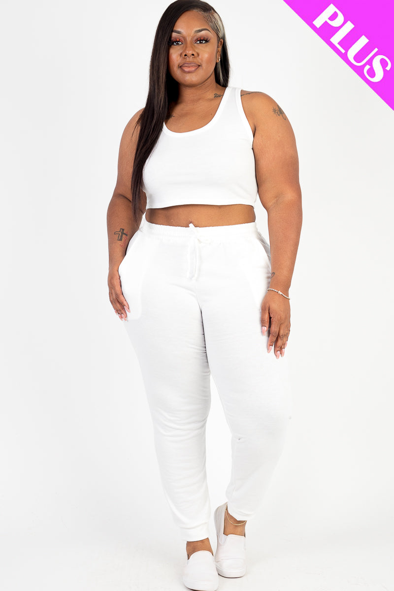 Plus Size French Terry Cropped Tank Top & Joggers Set - Capella Apparel