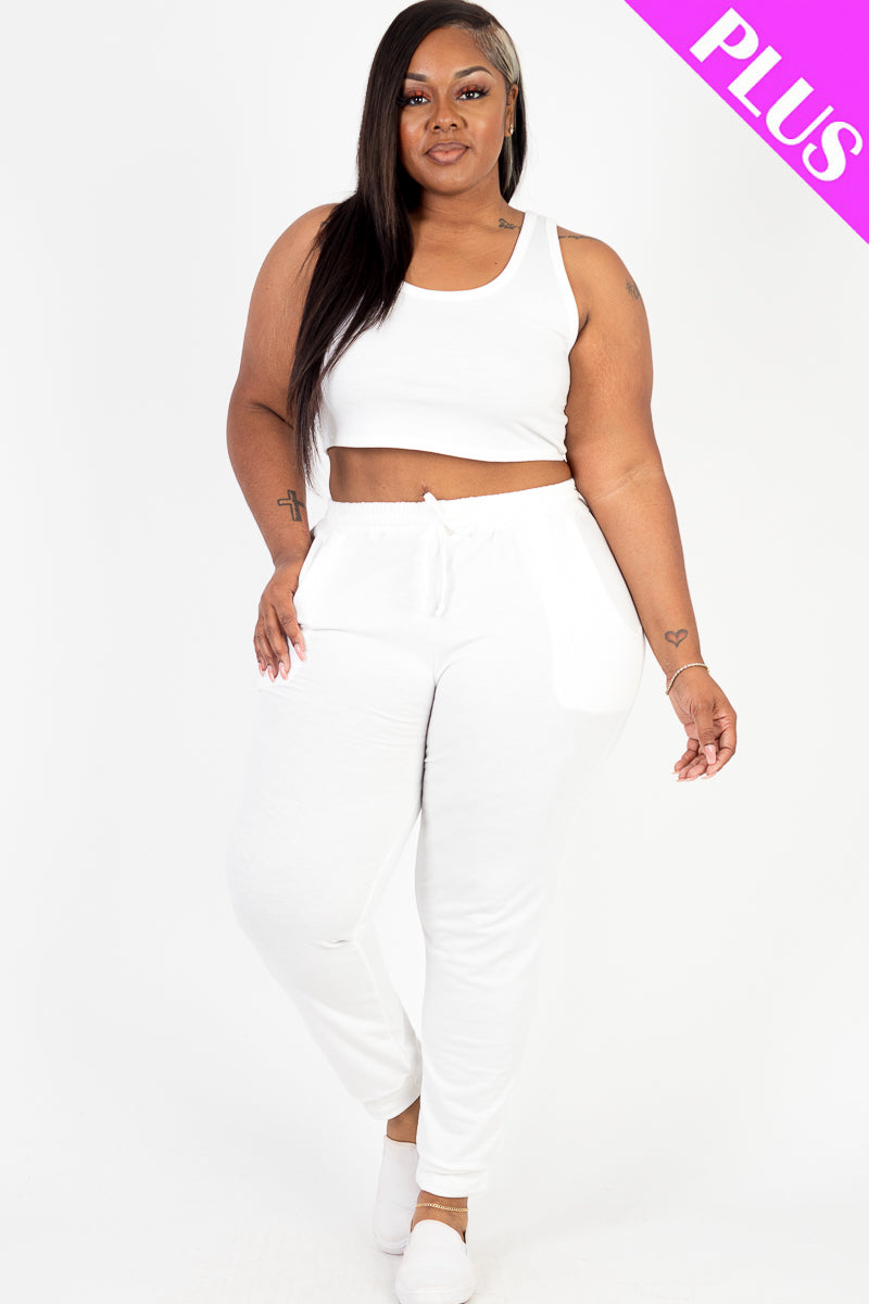 Plus Size French Terry Cropped Tank Top & Joggers Set - Capella Apparel