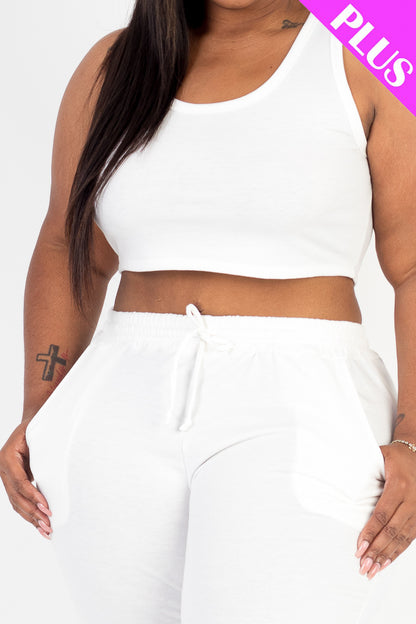 Plus Size French Terry Cropped Tank Top & Joggers Set - Capella Apparel