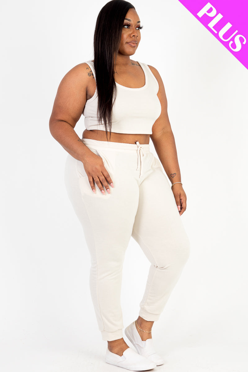 Plus Size French Terry Cropped Tank Top & Joggers Set - Capella Apparel