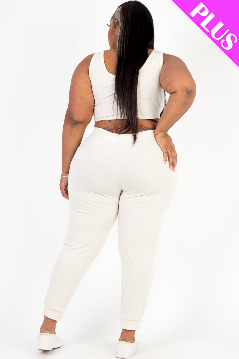 Plus Size French Terry Cropped Tank Top & Joggers Set - Capella Apparel