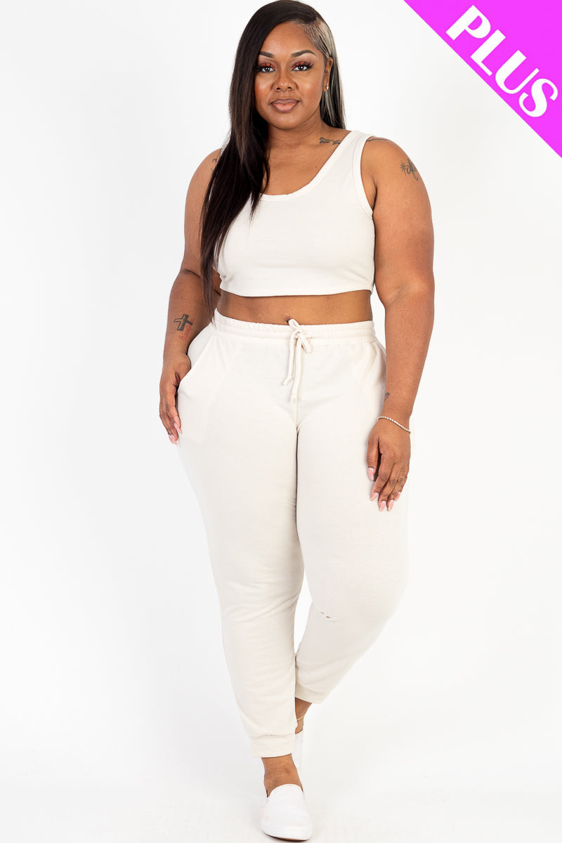 Plus Size French Terry Cropped Tank Top & Joggers Set (CAPELLA) - Capella Apparel