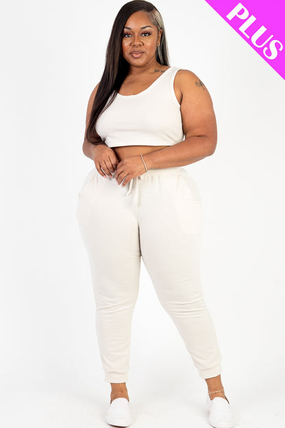 Plus Size French Terry Cropped Tank Top & Joggers Set - Capella Apparel