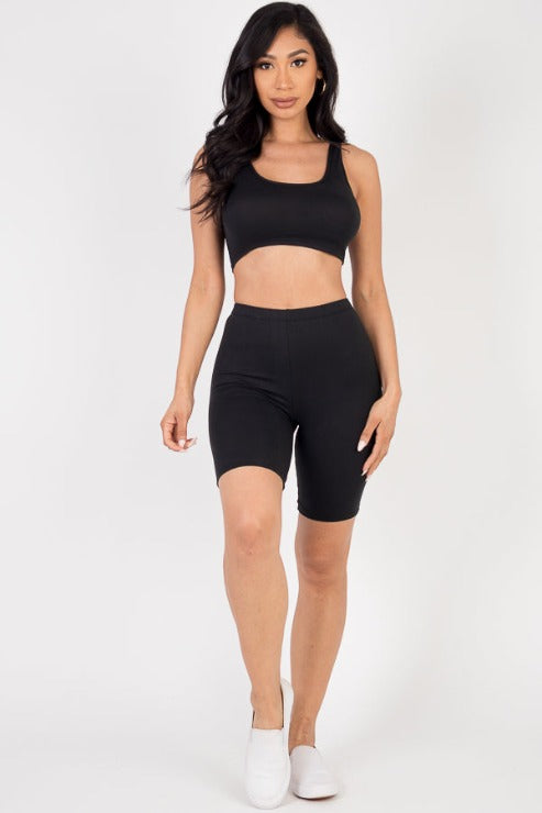 Solid Color Crop Tank Top & Biker Shorts Active Set - Capella Apparel