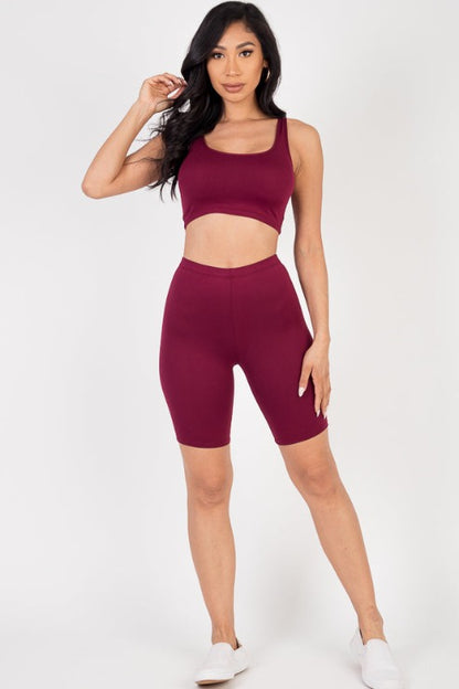 Solid Color Crop Tank Top & Biker Shorts Active Set - Capella Apparel