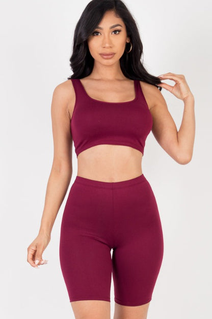 Solid Color Crop Tank Top & Biker Shorts Active Set - Capella Apparel