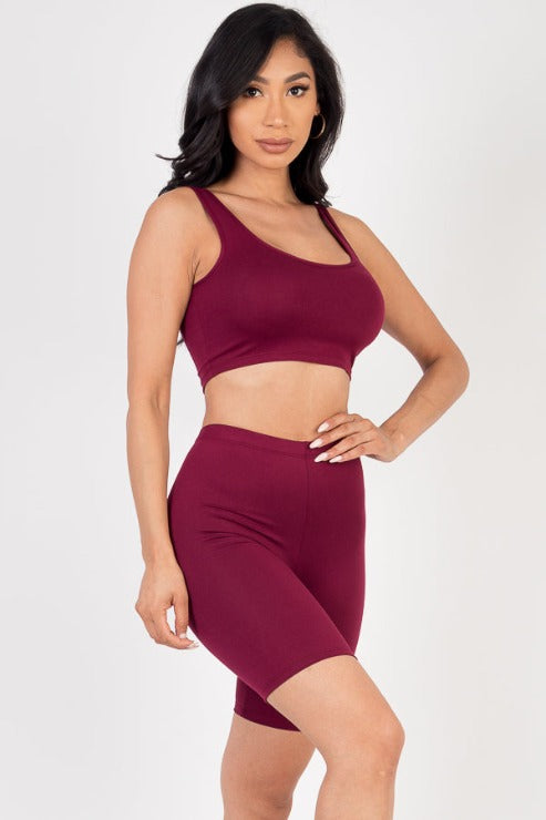 Solid Color Crop Tank Top & Biker Shorts Active Set - Capella Apparel