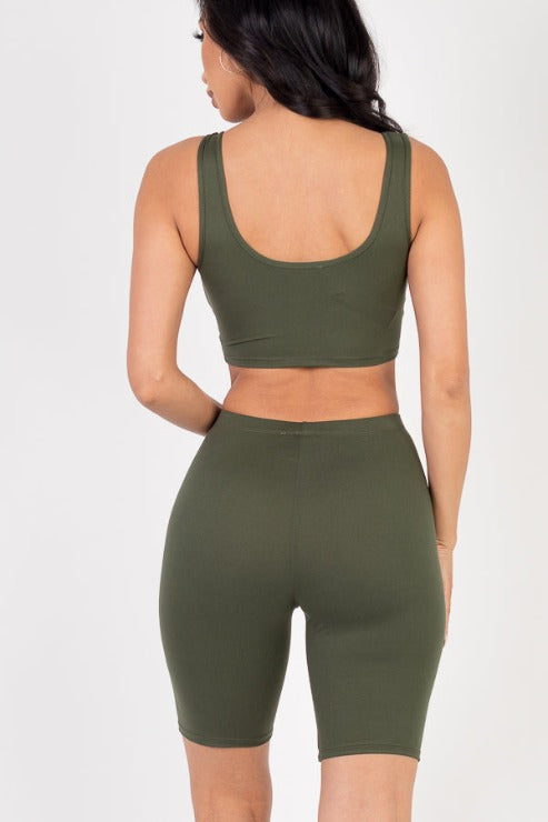 Solid Color Crop Tank Top & Biker Shorts Active Set - Capella Apparel