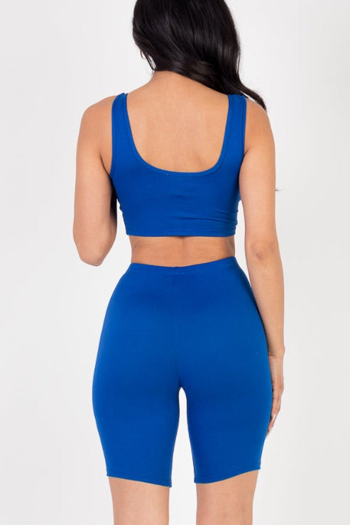 Solid Color Crop Tank Top & Biker Shorts Active Set - Capella Apparel