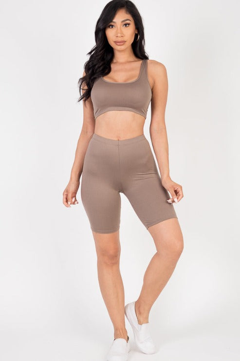 Solid Color Crop Tank Top & Biker Shorts Active Set - Capella Apparel