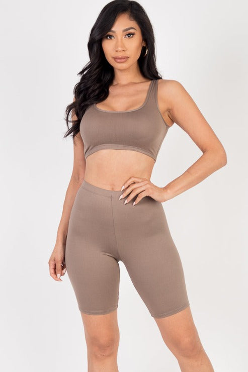 Solid Color Crop Tank Top & Biker Shorts Active Set - Capella Apparel