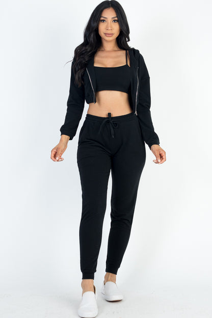 French Terry Cropped Cami with Zip-up Jacket and Joggers Set - Capella Apparel