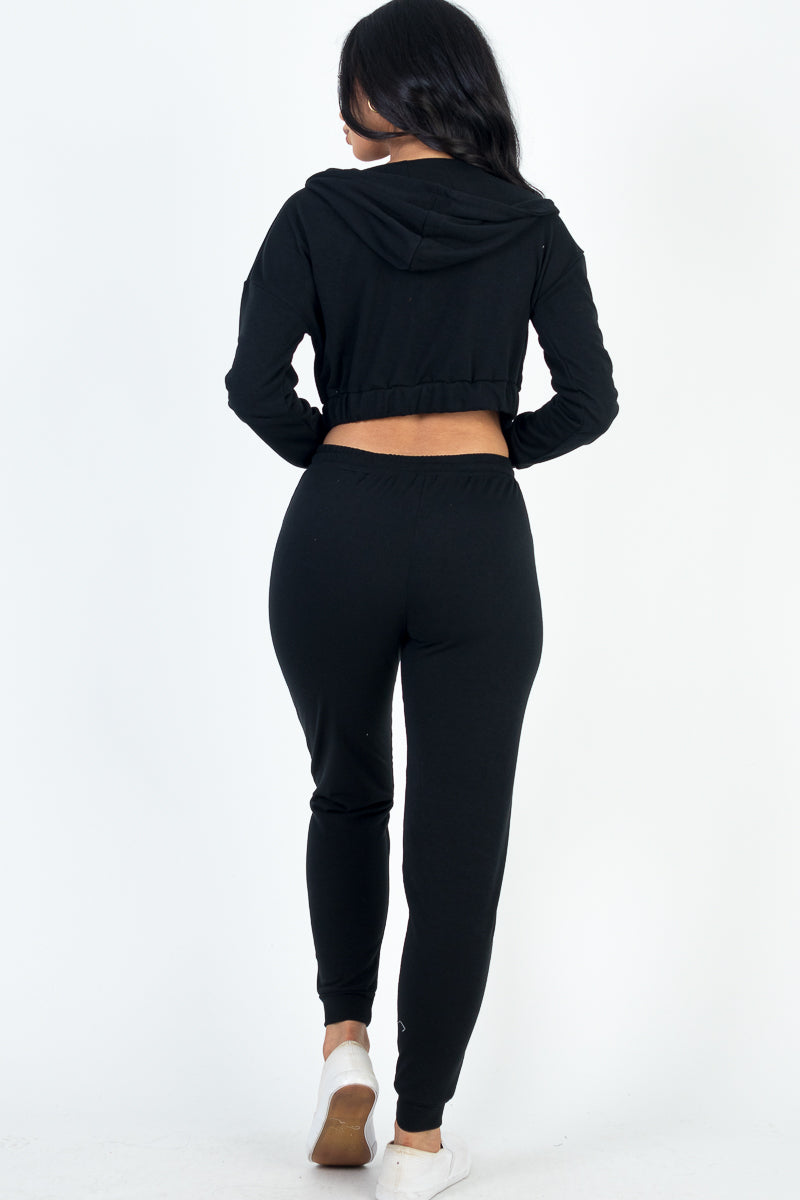 French Terry Cropped Cami with Zip-up Jacket and Joggers Set - Capella Apparel