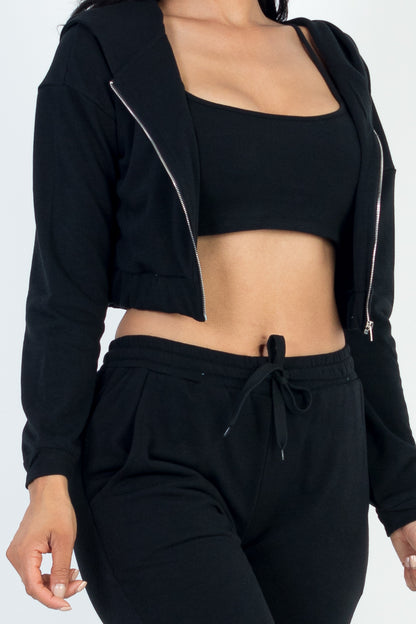 French Terry Cropped Cami with Zip-up Jacket and Joggers Set - Capella Apparel