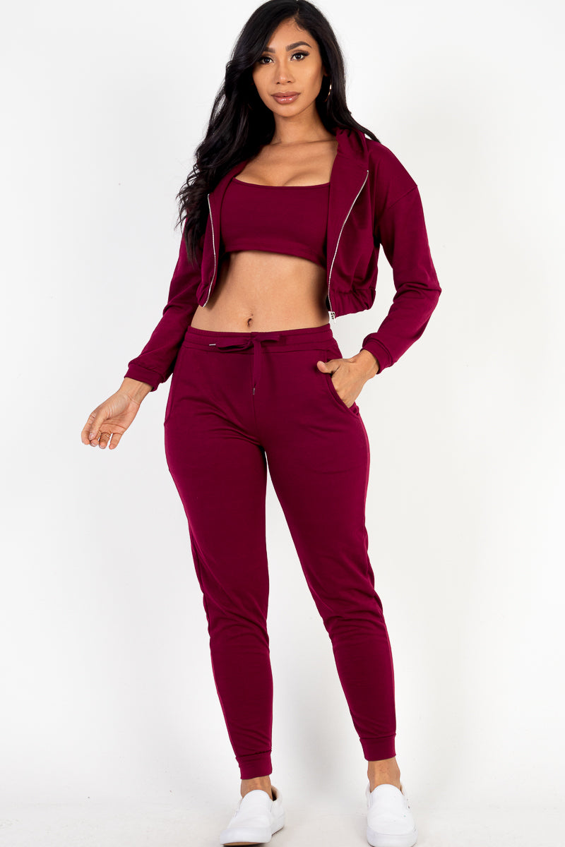 French Terry Cropped Cami with Zip-up Jacket and Joggers Set - Capella Apparel