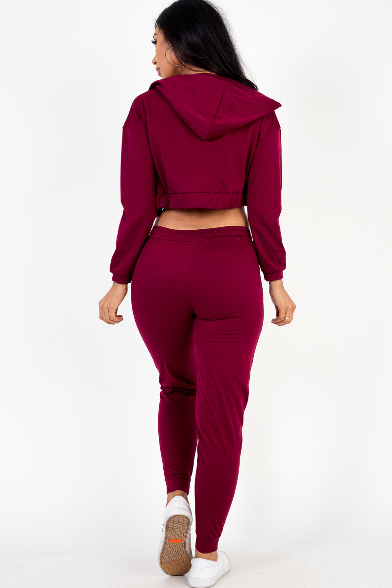 French Terry Cropped Cami with Zip-up Jacket and Joggers Set - Capella Apparel