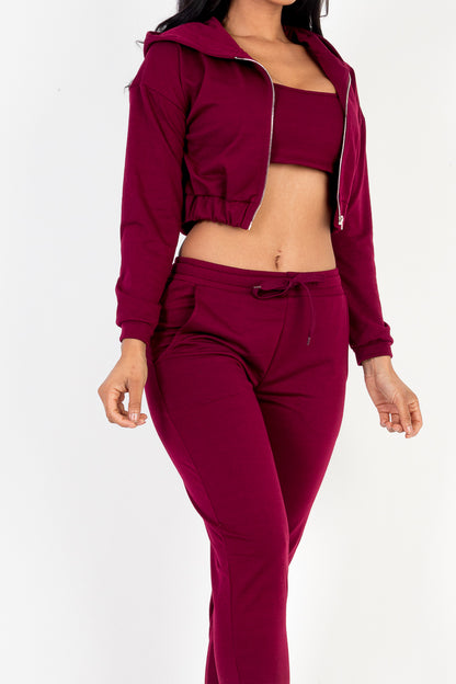 French Terry Cropped Cami with Zip-up Jacket and Joggers Set - Capella Apparel