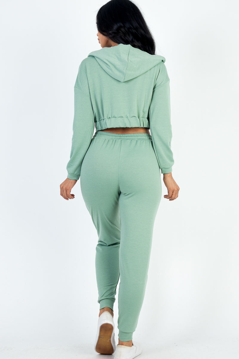 French Terry Cropped Cami with Zip-up Jacket and Joggers Set - Capella Apparel