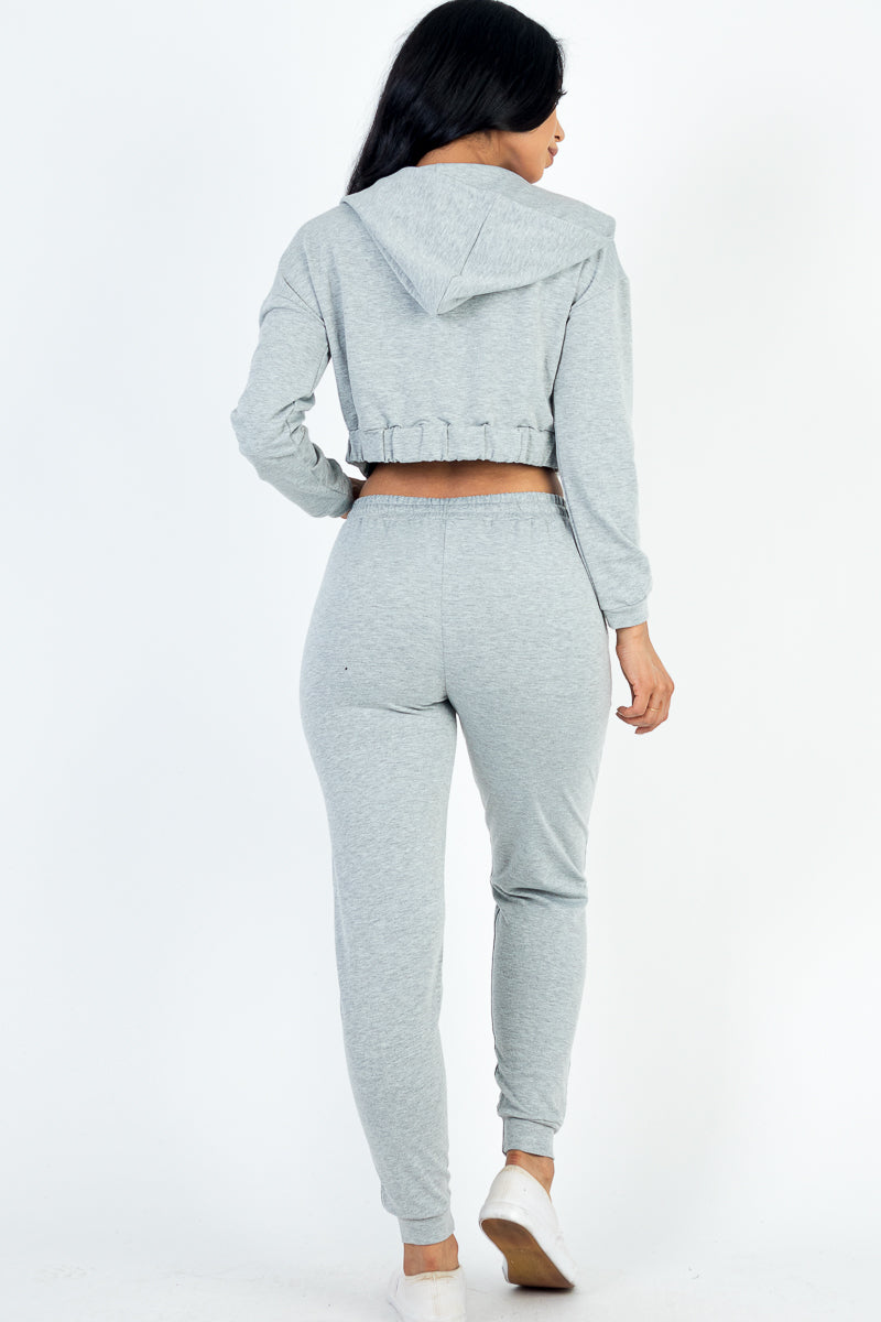 French Terry Cropped Cami with Zip-up Jacket and Joggers Set - Capella Apparel