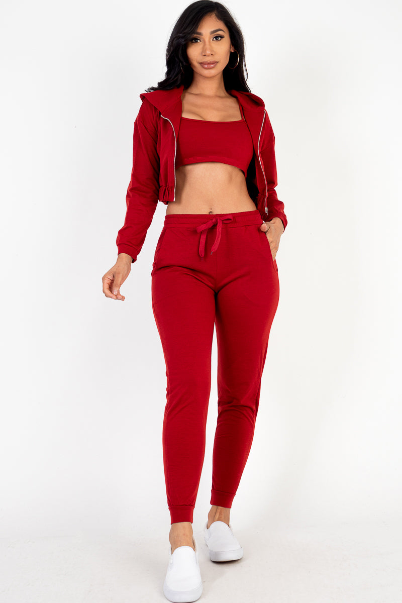 French Terry Cropped Cami with Zip-up Jacket and Joggers Set - Capella Apparel