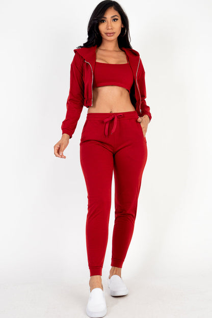 French Terry Cropped Cami with Zip-up Jacket and Joggers Set (CAPELLA) - Capella Apparel