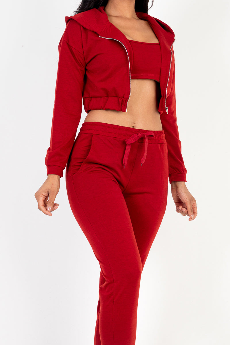 French Terry Cropped Cami with Zip-up Jacket and Joggers Set - Capella Apparel