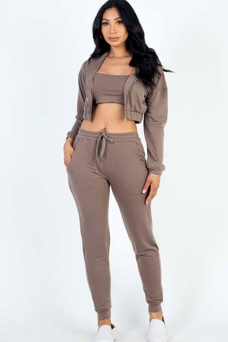 French Terry Cropped Cami with Zip-up Jacket and Joggers Set - Capella Apparel