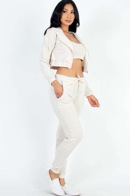 French Terry Cropped Cami with Zip-up Jacket and Joggers Set - Capella Apparel