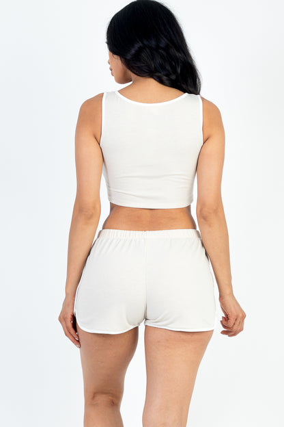 Casual French Terry Sleeveless Button Front Contrast Trim Cropped Tank Top and Shorts Set - Capella Apparel