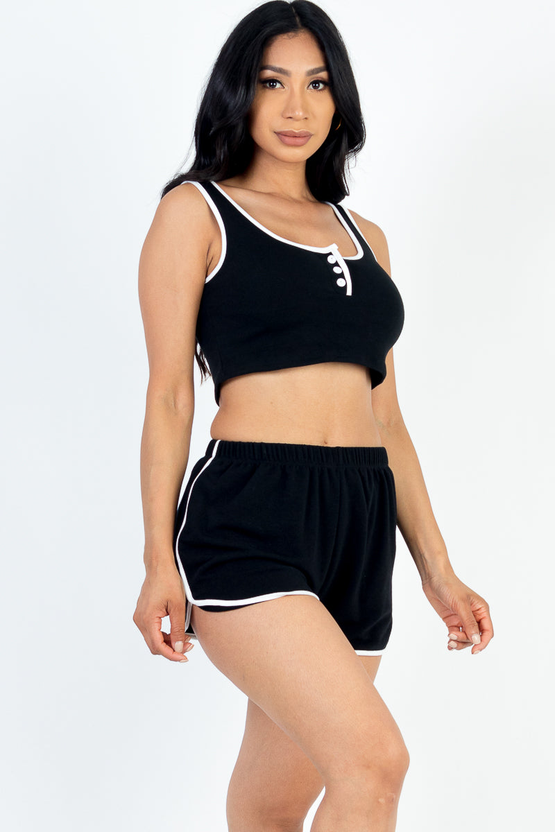 Casual French Terry Sleeveless Button Front Contrast Trim Cropped Tank Top and Shorts Set - Capella Apparel