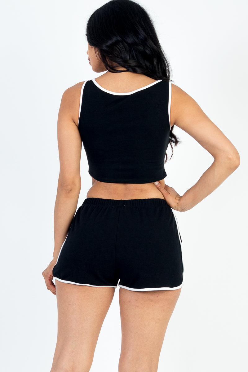 Casual French Terry Sleeveless Button Front Contrast Trim Cropped Tank Top and Shorts Set - Capella Apparel