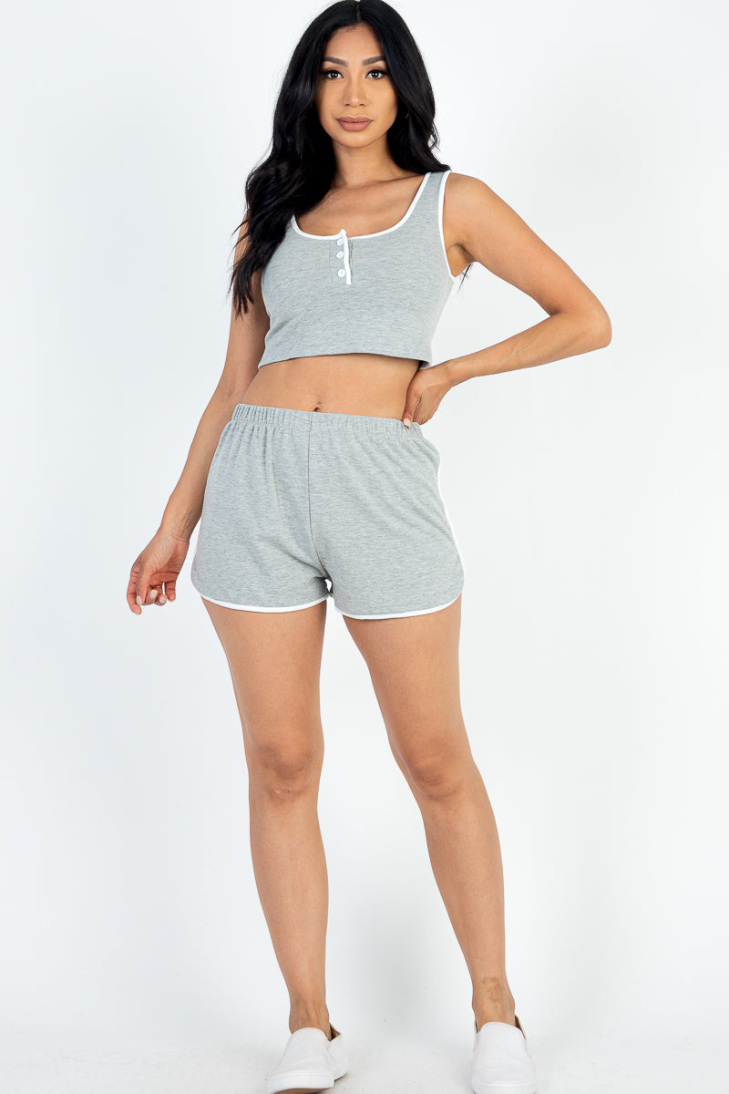 Casual French Terry Sleeveless Button Front Contrast Trim Cropped Tank Top and Shorts Set - Capella Apparel