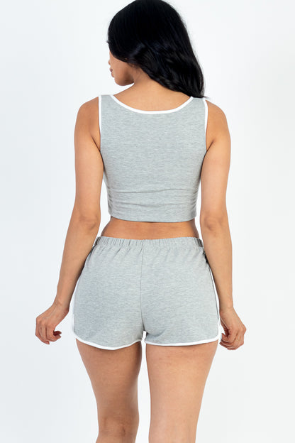 Casual French Terry Sleeveless Button Front Contrast Trim Cropped Tank Top and Shorts Set - Capella Apparel