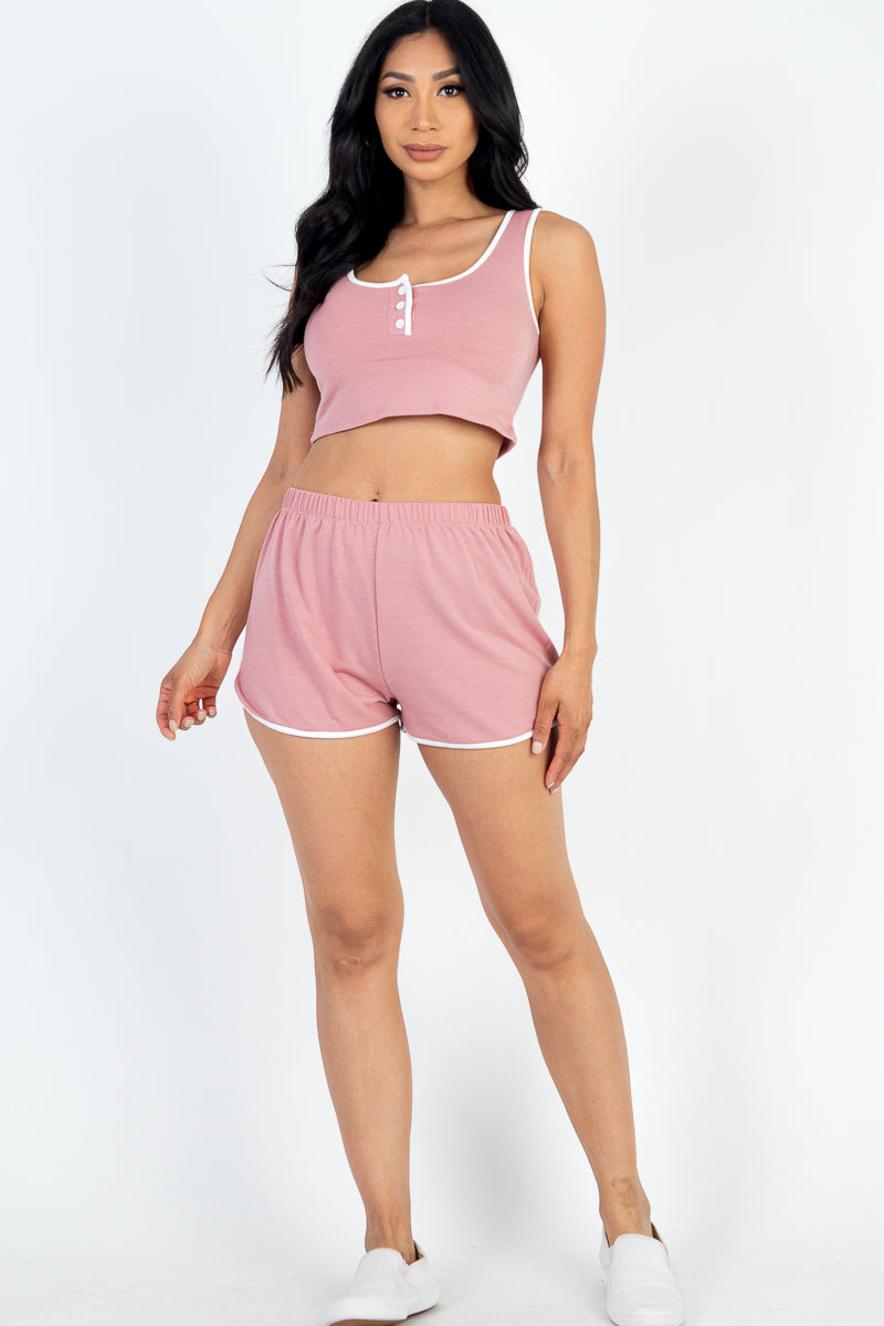 Casual French Terry Sleeveless Button Front Contrast Trim Cropped Tank Top and Shorts Set - Capella Apparel