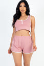 Casual French Terry Sleeveless Button Front Contrast Trim Cropped Tank Top and Shorts Set - Capella Apparel