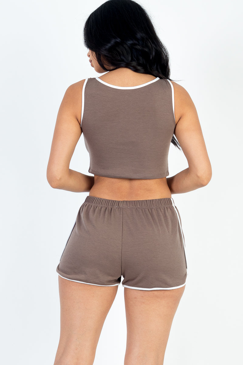 Casual French Terry Sleeveless Button Front Contrast Trim Cropped Tank Top and Shorts Set - Capella Apparel