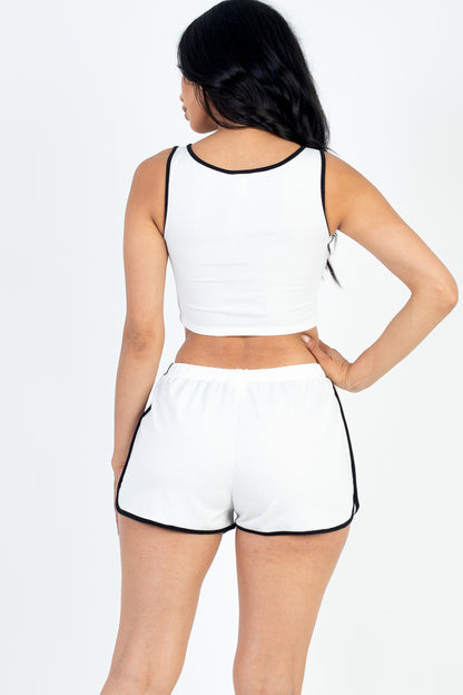 Casual French Terry Sleeveless Button Front Contrast Trim Cropped Tank Top and Shorts Set - Capella Apparel