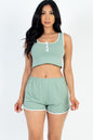 Casual French Terry Sleeveless Button Front Contrast Trim Cropped Tank Top and Shorts Set - Capella Apparel