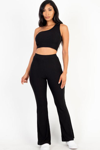 Ribbed One Shoulder Crop Top & Flared Pants Set - Capella Apparel