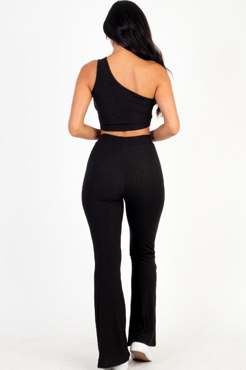 Ribbed One Shoulder Crop Top & Flared Pants Set - Capella Apparel