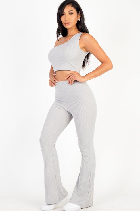 Ribbed One Shoulder Crop Top & Flared Pants Set - Capella Apparel