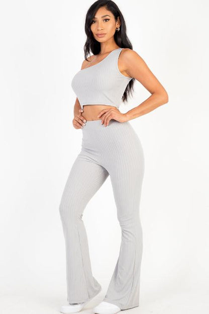 Ribbed One Shoulder Crop Top & Flared Pants Set - Capella Apparel