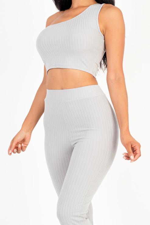 Ribbed One Shoulder Crop Top & Flared Pants Set - Capella Apparel