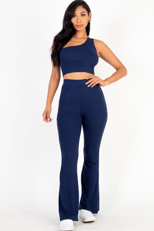 Ribbed One Shoulder Crop Top & Flared Pants Set - Capella Apparel